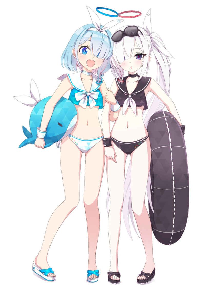 2girls :o alternate_costume arona_(blue_archive) bare_legs bikini black_choker black_innertube black_sandals blue_archive blue_hair blue_halo blunt_bangs blush bow bowtie braid choker collarbone commentary_request dot_nose eyewear_on_head feet full_body grey_hair hair_between_eyes hair_over_one_eye hair_ribbon hairband halo haua highres holding holding_swim_ring inflatable_toy inflatable_whale innertube locked_arms loli long_hair looking_at_viewer multicolored_hair multiple_girls navel neckerchief one_eye_covered pink_hair plana_(blue_archive) red_halo red_pupils ribbon sailor_bikini sailor_collar sandals short_hair side_ponytail simple_background single_braid smile stomach sunglasses swim_ring swimsuit thighs toes two-tone_hair very_long_hair white_background white_bow white_bowtie white_choker white_hairband white_neckerchief white_sandals