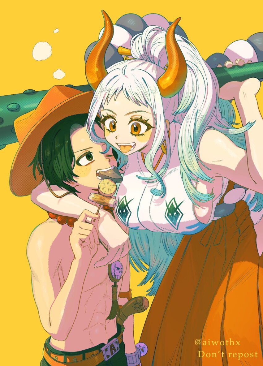 1boy 1girl abs aiwothx arm_around_shoulder artist_name black_hair breasts club_(weapon) colored_tips commentary_request green_hair hat hetero high_ponytail highres holding holding_club holding_weapon horns large_breasts leaning_forward multicolored_hair one_eye_closed one_piece orange_eyes orange_hat ponytail portgas_d._ace rope shimenawa smile tongue tongue_out twitter_username two-tone_hair weapon white_hair yamato_(one_piece)