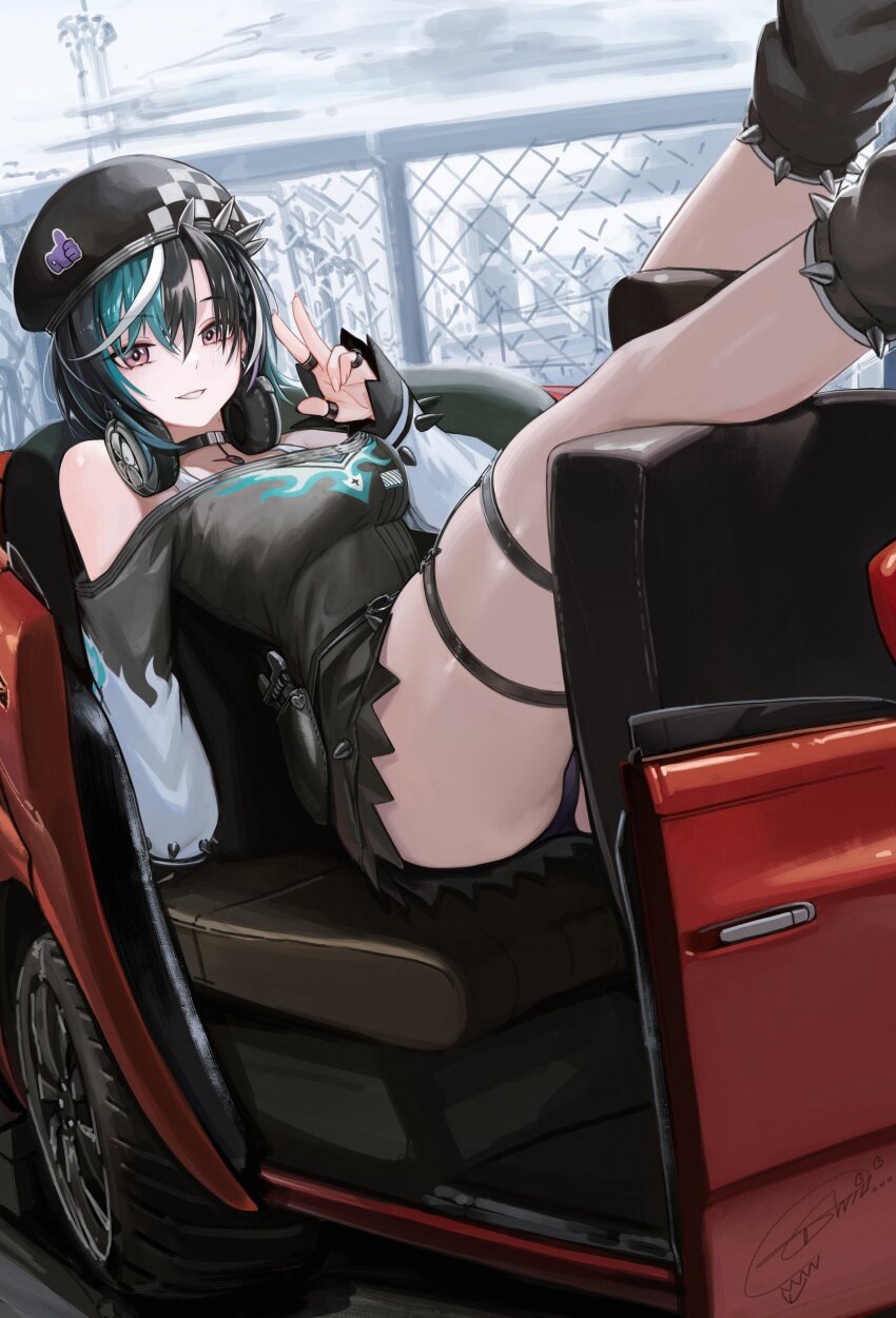 1girl absurdres anizi aqua_hair beret black_choker black_hair black_hat black_panties black_skirt black_socks breasts car chain-link_fence checkered_hat choker city cloud cloudy_sky commentary convertible cowlick feet_out_of_frame fence grey_sky grin hair_between_eyes hat headphones headphones_around_neck highres hololive hololive_dev_is holster jewelry leaning_back legs_up looking_at_viewer medium_breasts miniskirt motor_vehicle multicolored_hair multiple_rings nail_polish off-shoulder_shirt off_shoulder open_door outdoors panties pantyshot parted_lips pinky_ring red_car rindo_chihaya ring shirt short_hair sitting skirt sky smile socks solo spiked_hat spiked_legwear spiked_sleeves streaked_hair thigh_strap thighs thumb_ring underwear v virtual_youtuber white_hair wrench yellow_eyes yellow_nails