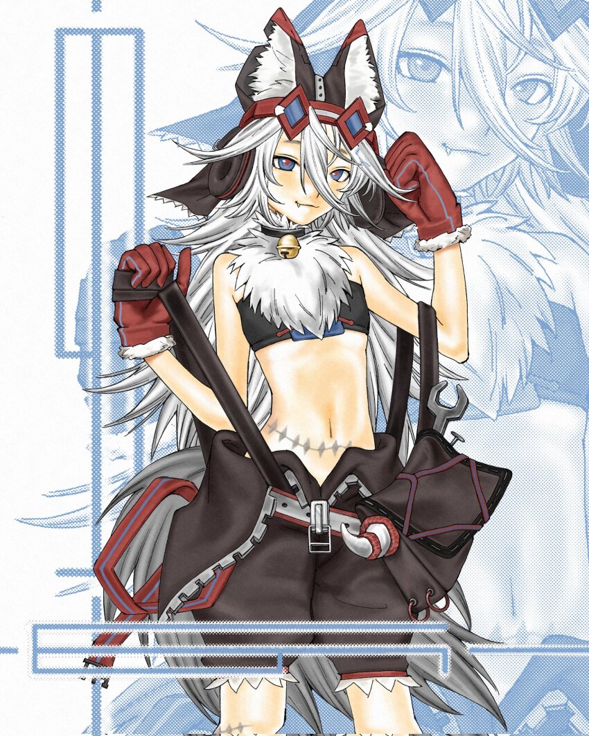 1girl animal_ears bare_shoulders bell blue_eyes check_copyright commission copyright_request flat_chest gloves highres kennomou long_hair navel neck_bell original shorts suspender_shorts suspenders tail white_hair wolf_ears wolf_girl wolf_tail zoom_layer