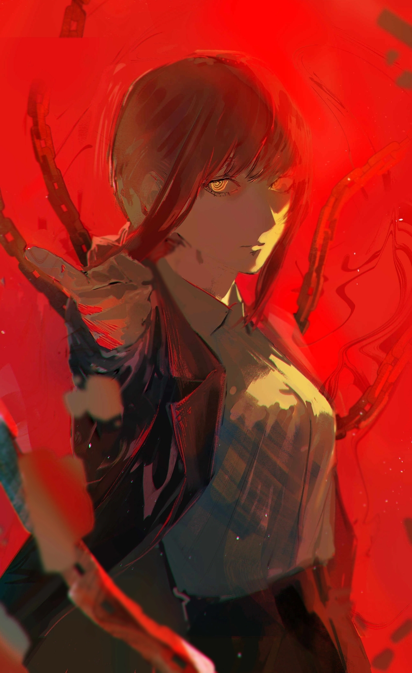 1girl absurdres black_coat chain chainsaw_man closed_mouth coat collared_shirt finger_gun highres lupo_(lupoyorosiku) makima_(chainsaw_man) red_background red_hair ringed_eyes shirt solo white_shirt yellow_eyes