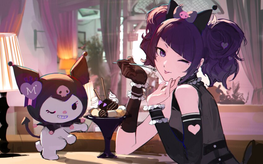 2girls bare_shoulders black_bow blunt_bangs bow brown_gloves closed_mouth clothing_cutout cream curtains detached_sleeves diagonal_bangs elbow_gloves food frilled_wrist_cuffs frills from_side gloves grey_bow grey_shirt grin hair_bow hair_ornament heart heart_cutout heart_hair_ornament highres holding holding_spoon ice_cream idolmaster idolmaster_shiny_colors kuromi lamp long_sleeves looking_at_viewer mole mole_under_eye multiple_girls one_eye_closed onegai_my_melody picture_frame plant potted_plant pretzel purple_eyes purple_hair sanrio shirt short_twintails single_detached_sleeve single_glove skull_hair_ornament sleeveless sleeveless_shirt smile spoon sundae table tanaka_mamimi tongue tongue_out twintails upper_body wrist_cuffs zhili_xingzou