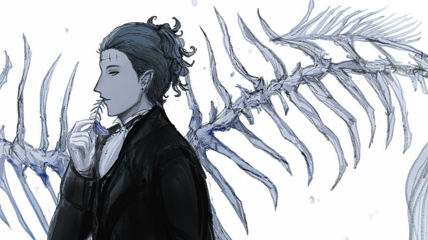 1boy animal_skeleton black_hair black_suit collared_shirt colored_skin d.gray-man daorssor3 dress_shirt earrings fish_skeleton formal_clothes gloves grey_skin hair_slicked_back jewelry looking_ahead looking_down male_focus mature_male mole mole_under_eye pointy_ears profile shirt solo spine stigmata suit tyki_mikk white_gloves white_shirt yellow_eyes