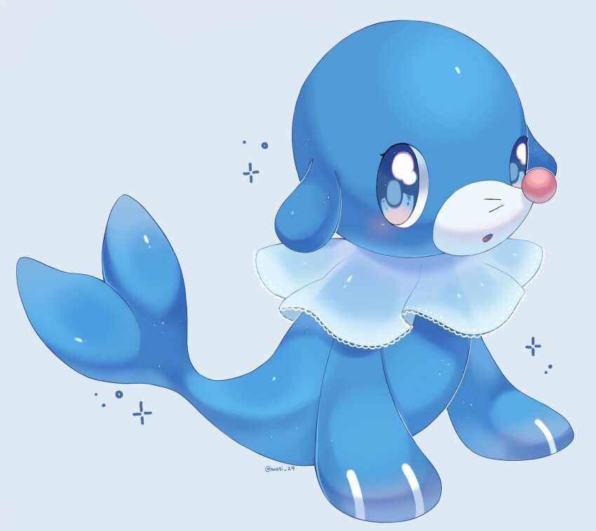animal_focus artist_name blue_background blue_eyes blue_skin colored_skin commentary forked_tail gen_7_pokemon highres iwasi_29 nintendo no_humans open_mouth pokemon pokemon_(creature) popplio sea_lion simple_background snout sparkle symbol-only_commentary tail twitter_username