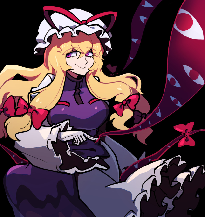 1girl black_background blonde_hair bow closed_mouth dress gap_(touhou) gloves hair_bow hat hat_ribbon highres iganashi1 long_hair long_sleeves looking_to_the_side mob_cap one-hour_drawing_challenge purple_eyes red_ribbon ribbon smile solo tabard touhou white_dress white_gloves white_hat yakumo_yukari