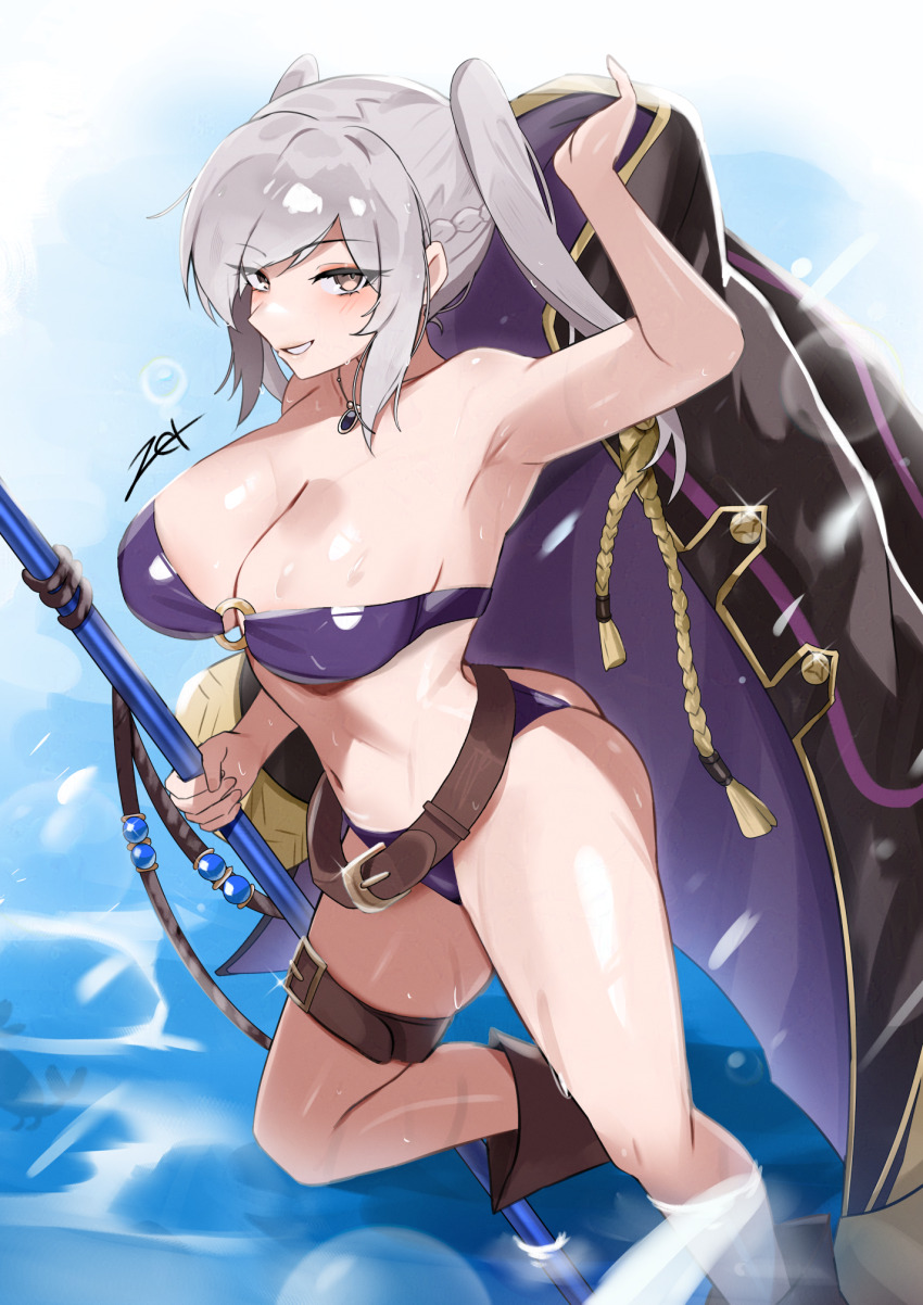 1girl armpits artist_name bikini black_coat breasts closed_mouth coat commentary english_commentary female_robin_(fire_emblem) fire_emblem fire_emblem_awakening fire_emblem_heroes grey_hair highres holding holding_coat holding_polearm holding_unworn_clothes holding_weapon large_breasts looking_at_viewer navel nintendo official_alternate_costume polearm purple_bikini female_robin_(seaside_tactician)_(fire_emblem) smile solo swimsuit thighs twintails unworn_coat weapon wet zet_(twt_zet)