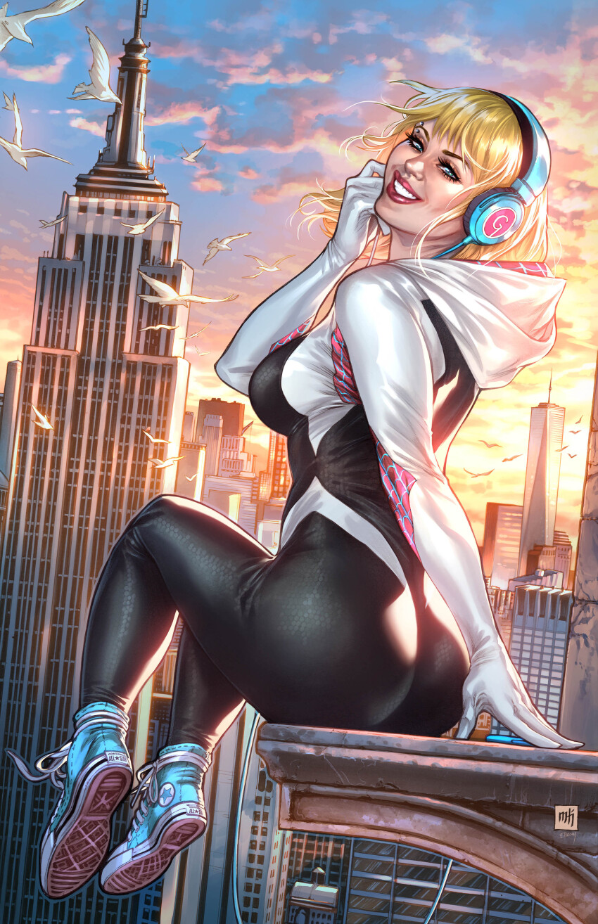 1girl absurdres ass bird black_bodysuit blonde_hair blue_eyes blue_shoes bodysuit building city cloud day empire_state_building eyebrow_piercing headphones highres looking_at_viewer looking_back marvel mike_krome multicolored_bodysuit new_york_city outdoors piercing shoes sitting skyscraper sneakers solo spider-gwen spider-man_(series) white_bird white_bodysuit