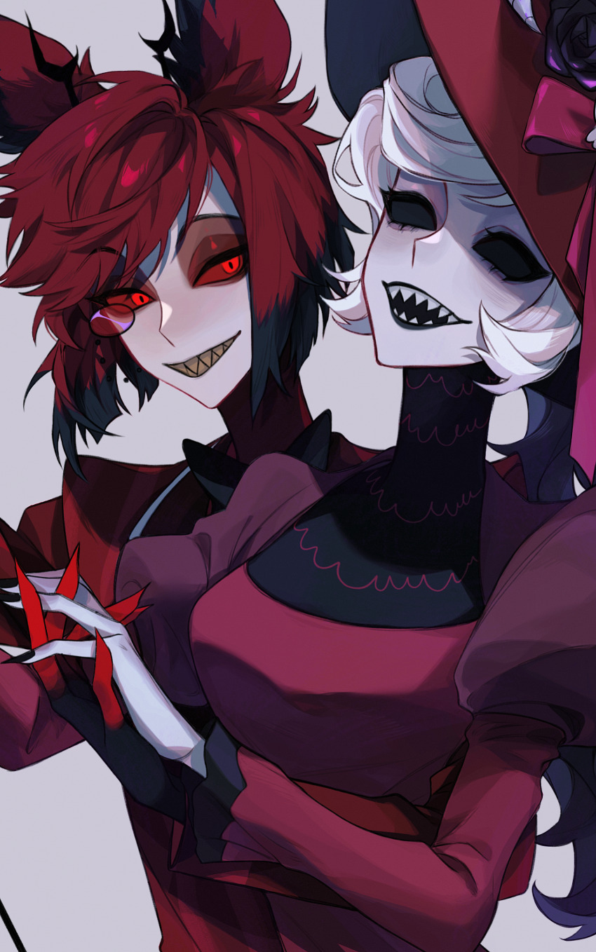 1boy 1girl :d absurdres alastor_(hazbin_hotel) animal_ears antlers black_flower black_hair black_hands black_lips black_nails black_rose coat collared_dress colored_extremities colored_sclera colored_skin deer_antlers deer_boy deer_ears dress empty_eyes eyeshadow fingernails flower gradient_skin grey_background grin hat hat_flower hazbin_hotel high_collar highres holding_hands horns juliet_sleeves long_fingernails long_sleeves looking_at_another makeup monocle multicolored_hair nail_polish open_mouth puffy_sleeves red-tinted_eyewear red_coat red_dress red_eyes red_eyeshadow red_headwear red_ribbon red_sclera red_skin ribbon rose rosie_(hazbin_hotel) sharp_teeth short_hair simple_background smile solid_eyes teeth tinted_eyewear turtleneck two-tone_hair upper_body white_hair white_skin ye_zhi_(kaibai29617)