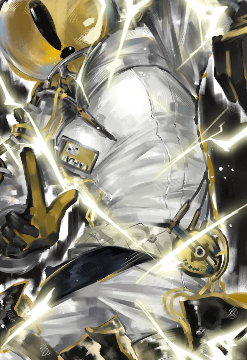 ! 1boy black_background black_gloves eat_cola electricity electrokinesis ferrofluid fishbowl_helmet gloves highres id_card jumpsuit lightning male_focus object_head reverse:1999 solo ulrich_(reverse:1999) upper_body white_jumpsuit