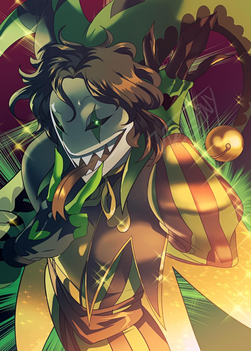clown formal_clothes green_eyes green_suit harlequin_(the_freak_circus) highres looking_at_viewer open_mouth shirt smile suit teeth the_freak_circus upper_body yellow_shirt