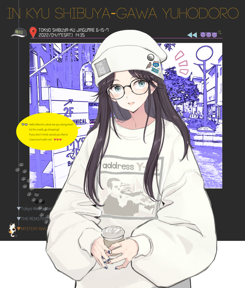 1girl alternate_hairstyle beanie black_background black_hair blue_eyes cat_paw cup disposable_coffee_cup disposable_cup emoji english_text glasses hair_down hat highres holding holding_cup idolmaster idolmaster_shiny_colors lamppost map_pin nail_polish open_mouth oversized_sweater patch print_sweater shibuya_(tokyo) solo stairs sweater tetsuya_rice tokyo_(city) tree white_hat white_sweater