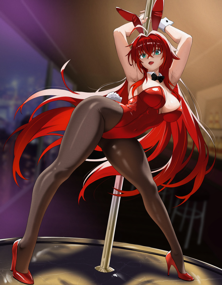 1girl absurdres animal_ear_hairband animal_ears armpits bar_(place) black_bow black_bowtie black_pantyhose blue_eyes bow bowtie breasts card commentary detached_collar english_commentary fake_animal_ears full_body hair_between_eyes hairband heart high_heels high_school_dxd highres indoors large_breasts legs leotard long_hair open_mouth pantyhose playboy_bunny playing_card pole pole_dancing rabbit_ears rabbit_tail red_hair red_heels red_leotard red_shoes rias_gremory shoes solo strapless strapless_leotard stripper_pole tail very_long_hair vraxtal wrist_cuffs
