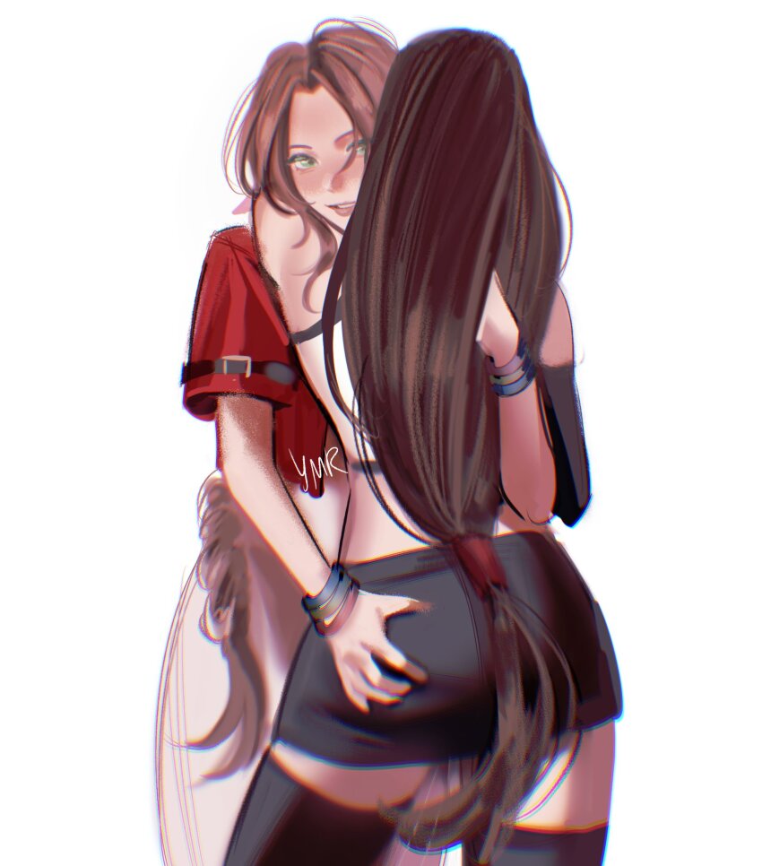2girls aerith_gainsborough arms_around_neck black_skirt black_thighhighs bracelet brown_hair commentary english_commentary final_fantasy final_fantasy_vii final_fantasy_vii_remake grabbing_another&#039;s_ass green_eyes groping highres jacket jewelry long_hair multiple_girls parted_lips red_jacket simple_background skirt smile tank_top thighhighs tifa_lockhart white_background white_tank_top ymr18 yuri