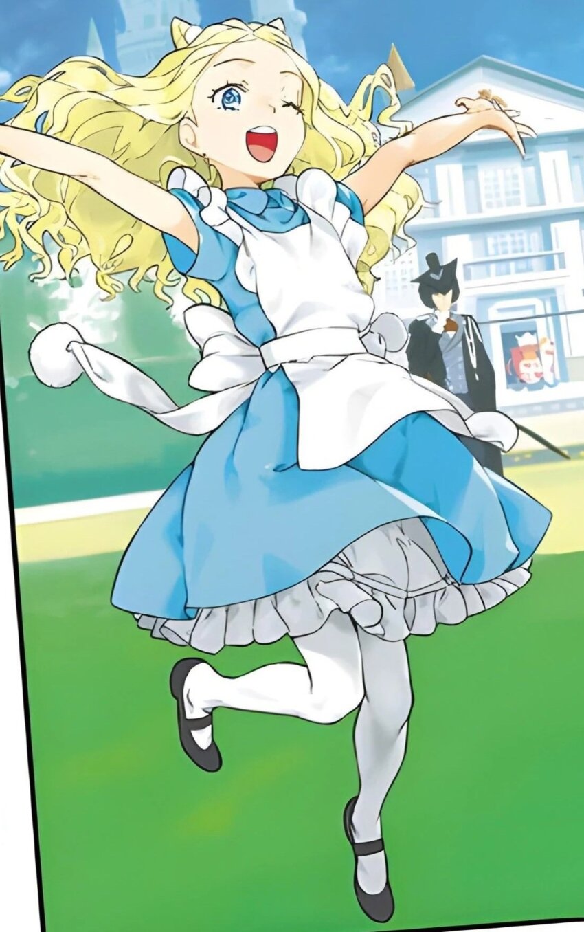 1boy 1girl alice_anotherbible animal_ear_fluff animal_ears apron bare_shoulders black_hair black_shoes blonde_hair blue_dress blue_eyes blue_sky building butler castle cropped day dress english_text frilled_apron frilled_dress frills full_body h._t._trismegistus haimura_kiyotaka happy hat highres horns long_hair mary_janes novel_illustration official_art one_eye_closed outdoors pantyhose shoes sky toaru_majutsu_no_index toaru_majutsu_no_index:_genesis_testament top_hat very_long_hair white_apron white_pantyhose window