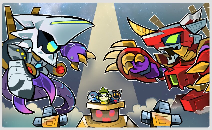 armor bearmon destromon digimon digimon_(creature) digimon_world_3 green_eyes hat highres koemon kotemon one-eyed ragnamon robot tail valvemon yellow_eyes