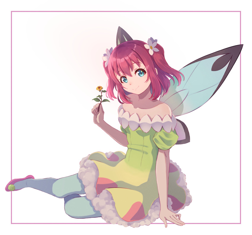 1girl aqua_eyes closed_mouth commentary_request dress fairy_wings flower genjitsu_no_yohane green_dress hair_flower hair_ornament highres holding holding_flower kurosawa_ruby looking_at_viewer love_live! love_live!_sunshine!! macken666 off-shoulder_dress off_shoulder pantyhose pink_shoes puffy_short_sleeves puffy_sleeves red_hair ruby_(genjitsu_no_yohane) shoes short_hair short_sleeves simple_background sitting smile solo two_side_up white_background white_pantyhose wings yokozuwari