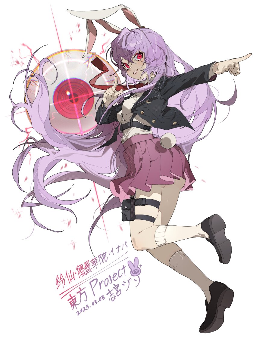 1girl absurdres animal_ears artist_name black_jacket blazer breasts character_name collared_shirt commentary copyright_name covered_erect_nipples dated disembodied_eye highres jacket kneehighs long_hair long_sleeves looking_at_viewer medium_breasts necktie open_clothes open_jacket pink_skirt pleated_skirt pointing pouch purple_hair rabbit_ears rabbit_girl rabbit_tail red_eyes red_necktie reisen_udongein_inaba shimiya_jin shirt shoes simple_background skirt smile socks solo tail thigh_pouch thigh_strap touhou very_long_hair white_background white_shirt white_socks
