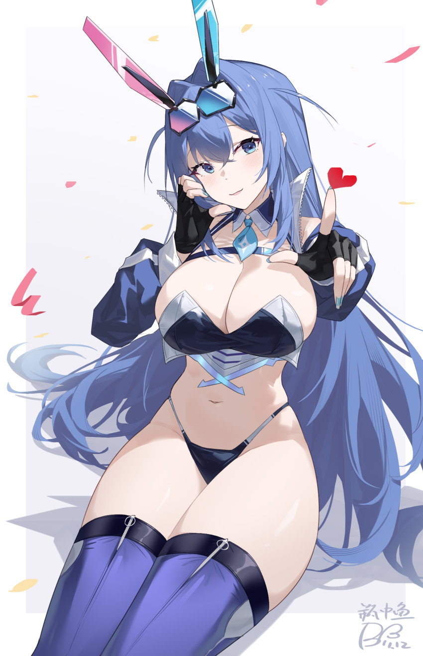 1girl absurdly_long_hair absurdres animal_ears artist_name azur_lane blue_eyes blue_hair blue_panties blue_shrug breasts cleavage detached_collar fake_animal_ears fingerless_gloves gloves heart highres large_breasts long_hair looking_at_viewer necktie new_jersey_(azur_lane) new_jersey_(black_blur_prelude)_(azur_lane) official_alternate_costume panties ping_zhong_yu race_queen short_necktie shrug_(clothing) sitting smile solo underwear very_long_hair