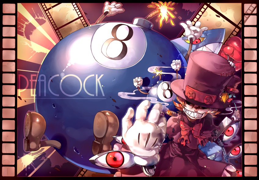 1girl andy_anvil avery_(skullgirls) black_eyes bomb bow boxing_gloves brown_hair cigar dress evil_grin evil_smile explosive george_the_bomb gloves grin hat highres knife lenny_the_bomb mechanical_arms orange_hair peacock_(skullgirls) red_eyes ribbon rojiko sharp_teeth shoes short_hair skullgirls smile teeth tommy_ten-tons top_hat