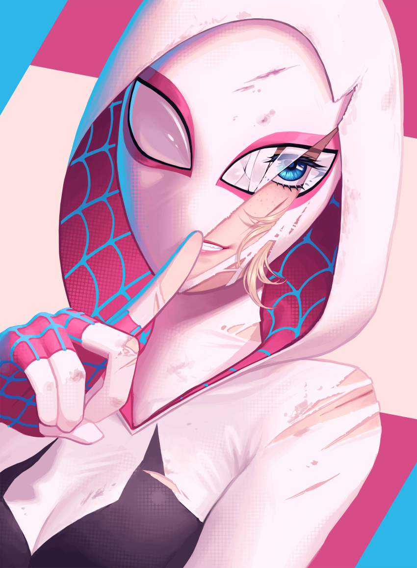 1girl 5health absurdres black_bodysuit blue_eyes bodysuit finger_to_mouth gwen_stacy highres hood hooded_bodysuit looking_at_viewer marvel multicolored_bodysuit pink_bodysuit solo spider-gwen spider-man_(series) torn_mask upper_body white_bodysuit white_mask