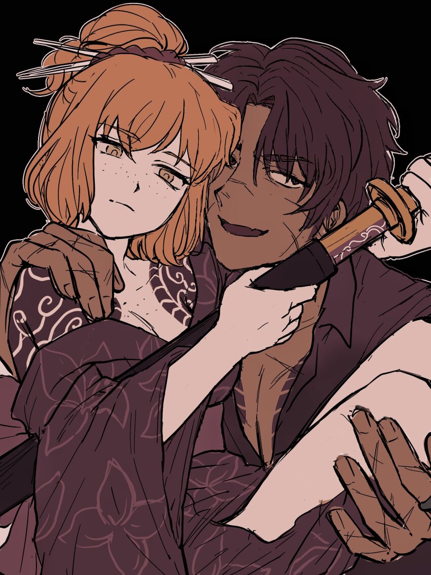 1boy 1girl black_background black_kimono black_shirt breasts brown_eyes brown_hair cleavage collared_shirt dark-skinned_male dark_skin freckles hair_bun heathcliff_(project_moon) highres holding holding_sword holding_weapon interracial ishmael_(project_moon) japanese_clothes katana kimono kurokumo_clan_(identity)_(project_moon) limbus_company looking_at_viewer orange_hair project_moon scar shirt simple_background sword upper_body weapon wu_kai_zajiao_shiyan_shi yellow_eyes