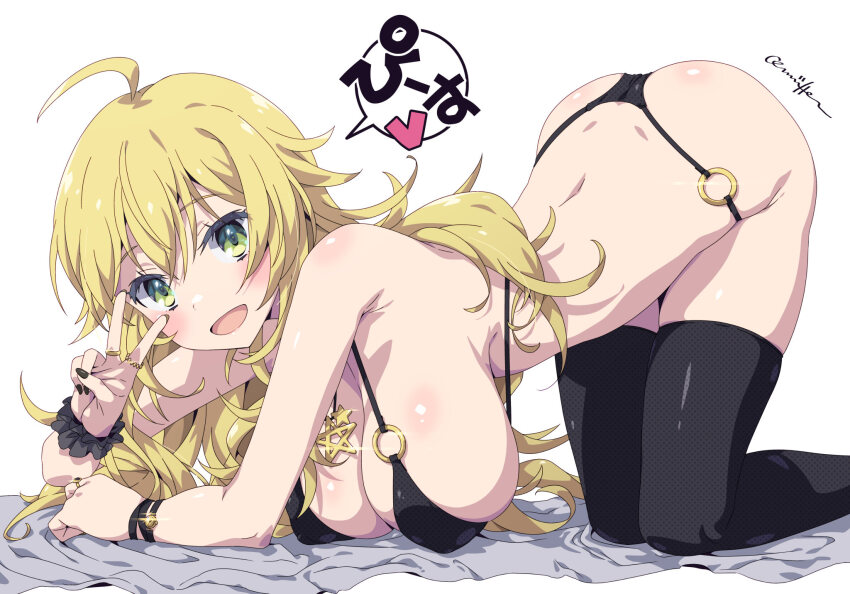 1girl ahoge all_fours bikini black_bikini black_nails blonde_hair breasts highres hoshii_miki idolmaster idolmaster_(classic) jewelry large_breasts o-ring o-ring_bikini oomura_karasu swimsuit thighhighs v