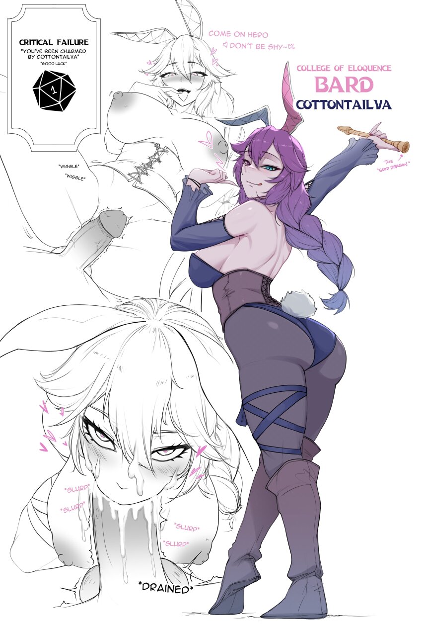 1girl absurdres animal_ears bard blue_eyes blue_hair blush breasts cottontail_(vtuber) critical_hit detached_sleeves english_text fellatio fishnet_pantyhose fishnets flute frilled_thigh_strap gradient_hair hair_between_eyes heterochromia highres indie_virtual_youtuber instrument large_breasts leotard long_hair looking_at_viewer multicolored_hair myth1carts nail_polish naughty_face nipples oral pantyhose penis pov purple_eyes purple_hair rabbit_ears rabbit_tail smile solo spread_legs strapless strapless_leotard tail thigh_strap virtual_youtuber