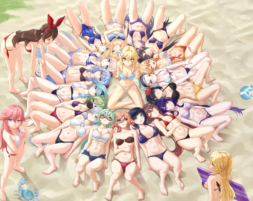&gt;_&lt; 6+girls ^_^ absurdres amber_(genshin_impact) animal aqua_hair arm_rest arm_support ayaka_(genshin_impact) barbara_(genshin_impact) barefoot beach bent_over bikini black_hair blonde_hair blue_eyes blue_hair breasts brown_hair character_request circle_formation cleavage closed_eyes crab day eula_(genshin_impact) fischl_(genshin_impact) fisheye from_above ganyu_(genshin_impact) genshin_impact glasses green_eyes green_hair grey_hair hair_between_eyes hair_slicked_back hairband highres hu_tao_(genshin_impact) jean_(genshin_impact) keqing_(genshin_impact) knees_up kujou_sara kuki_shinobu large_breasts leaning_back legs_apart light_brown_hair linea_alba long_hair looking_at_viewer luizhtx lumine_(genshin_impact) lying mask medium_hair mona_(genshin_impact) mouth_mask multicolored_hair multiple_girls navel on_back one-piece_swimsuit one_eye_closed open_mouth outdoors pale_skin pink_hair purple_eyes purple_hair raiden_shogun sand sangonomiya_kokomi shenhe_(genshin_impact) side_ponytail sitting small_breasts smile standing stomach strapless strapless_bikini sucrose_(genshin_impact) swimsuit toes very_long_hair yae_miko yanfei_(genshin_impact) yelan_(genshin_impact) yoimiya_(genshin_impact)