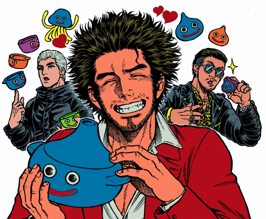 3boys ^_^ beard black_hair black_jacket black_nails closed_eyes collared_shirt dragon_quest earrings facial_hair gold_necklace grin hair_slicked_back han_joon-gi hands_up head_tilt holding jacket jewelry kasuga_ichiban long_sleeves male_focus multiple_boys necklace open_mouth red_jacket ring round_eyewear ryuu_ga_gotoku_(series) ryuu_ga_gotoku_7 shirt short_hair simple_background single_earring slime_(dragon_quest) smile sugo6s sunglasses teeth upper_body v-shaped_eyebrows wavy_hair white_background white_hair white_shirt yellow_shirt zhao_tianyou