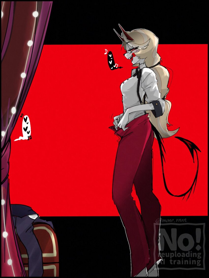 2girls black_background blonde_hair blush_stickers breasts charlie_morningstar demon_girl demon_horns demon_tail from_side hazbin_hotel heart highres horns long_hair medium_breasts mono_rnrn multicolored_hair multiple_girls open_pants pants profile red_background red_pants sharp_teeth shirt solo_focus spoken_heart tail teeth tongue two-tone_hair vaggie watermark white_shirt yuri