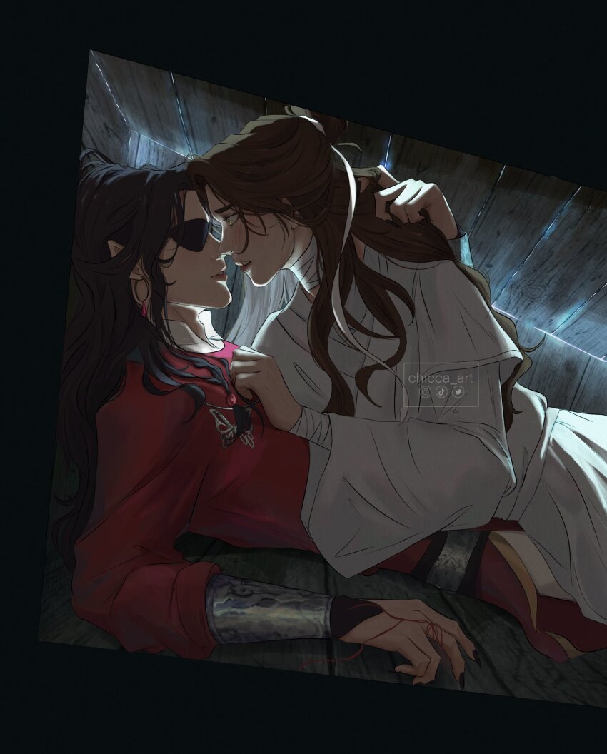 2boys arm_wrap artist_name bandaged_neck bandages beads black_hair black_nails blue_light blush bracer braid brown_eyes brown_hair butterfly_necklace chicca_art chinese_clothes commentary couple earrings encasement english_commentary eye_contact eyepatch from_side hair_beads hair_bun hair_ornament hair_ribbon hand_in_another&#039;s_hair hand_on_another&#039;s_chest hanfu highres hua_cheng imminent_kiss jewelry layered_sleeves long_sleeves looking_at_another male_focus multiple_boys parted_lips pointy_ears red_hanfu ribbon side_braid single_hair_bun string_around_finger tianguan_cifu twitter_username upper_body watermark white_hanfu white_ribbon xie_lian yaoi