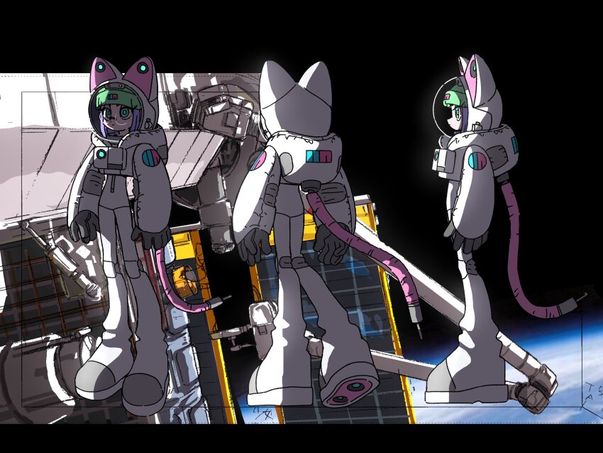 3girls absurdres animal_ears animal_ears_helmet animal_helmet anime_coloring aqua_eyes arms_at_sides beanie bright_pupils cable cable_tail cat_ear_helmet cat_ears reference_sheet closed_mouth commentary concept_art earth_(planet) expressionless eyelashes eyeshadow facing_away facing_to_the_side fake_animal_ears fake_tail from_behind from_side glasses green_hair hanabushi hat helmet highres knees_together_feet_apart legs_apart letterboxed long_sleeves makeup mechanical_tail multiple_girls multiple_views narrow_waist nira-chan nira-chan_(uso_janai)_(zutomayo) official_art open_hands pink_eyeshadow planet print_hat print_sleeves production_art profile puffy_long_sleeves puffy_sleeves purple_eyes rimless_eyewear round_eyewear skinny space space_helmet spacecraft spacesuit symbol-only_commentary tail turnaround uso_janai_(zutomayo) white_helmet white_pupils white_sleeves zutto_mayonaka_de_ii_no_ni
