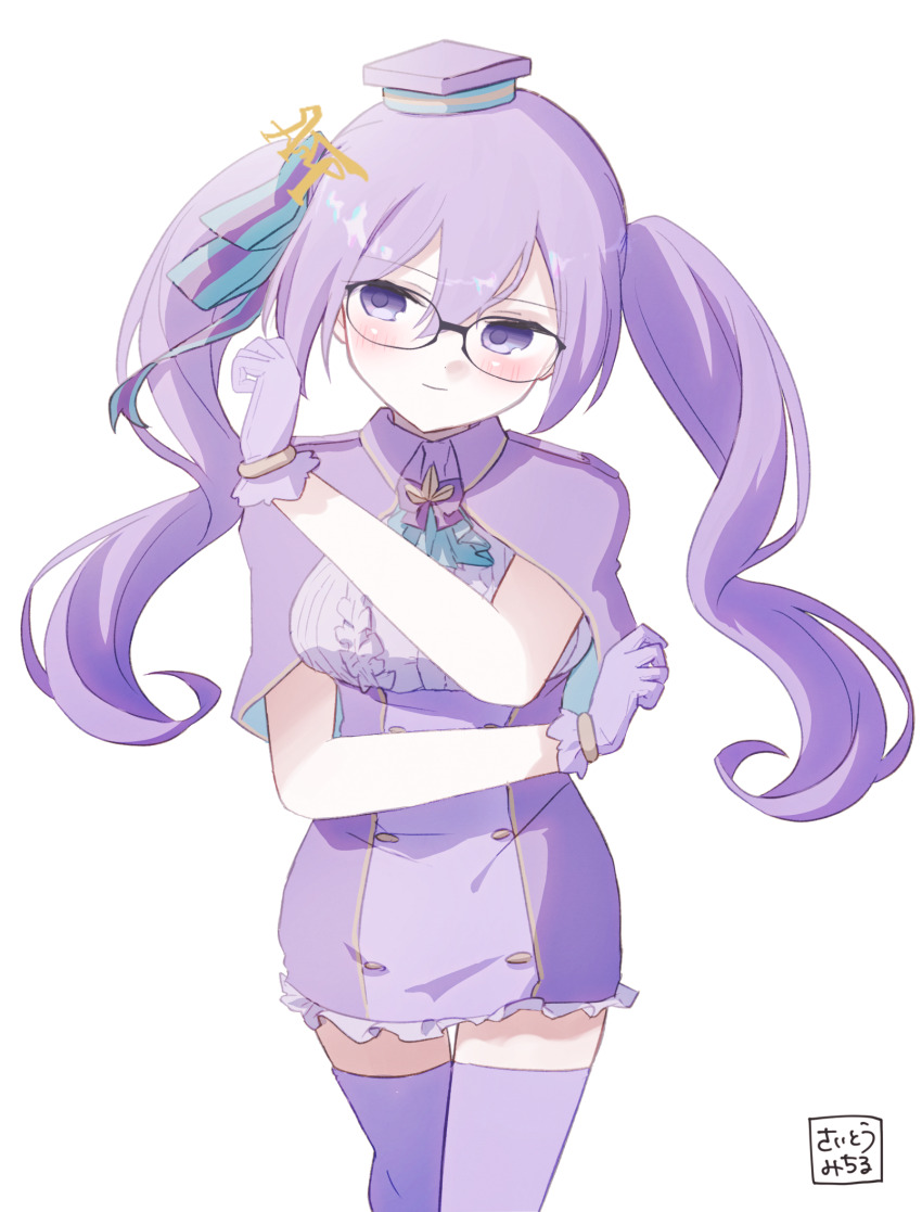 1girl blush breasts fate/grand_order fate_(series) glasses gloves hat highres purple_eyes purple_gloves purple_hair purple_hat purple_thighhighs saitoh_michiru signature sion_eltnam_(type-moon) sion_eltnam_sokaris sion_eltnam_sokaris_(magical_sion) space_phantas-moon_another_christmas thighhighs