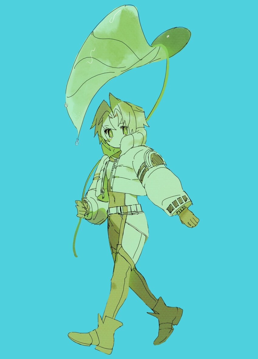 1boy belt blue_background blush_stickers bodysuit boots bright_pupils cropped_jacket final_fantasy final_fantasy_vii final_fantasy_vii_ever_crisis full_body gloves hair_intakes hattouissenbaka highres holding jacket leaf_umbrella limited_palette long_sleeves looking_at_viewer male_focus navel official_alternate_costume open_clothes open_jacket parted_bangs sephiroth sephiroth_(ever_crisis) sephiroth_(natant_jacket) short_hair simple_background slit_pupils solo standing tight_clothes walking