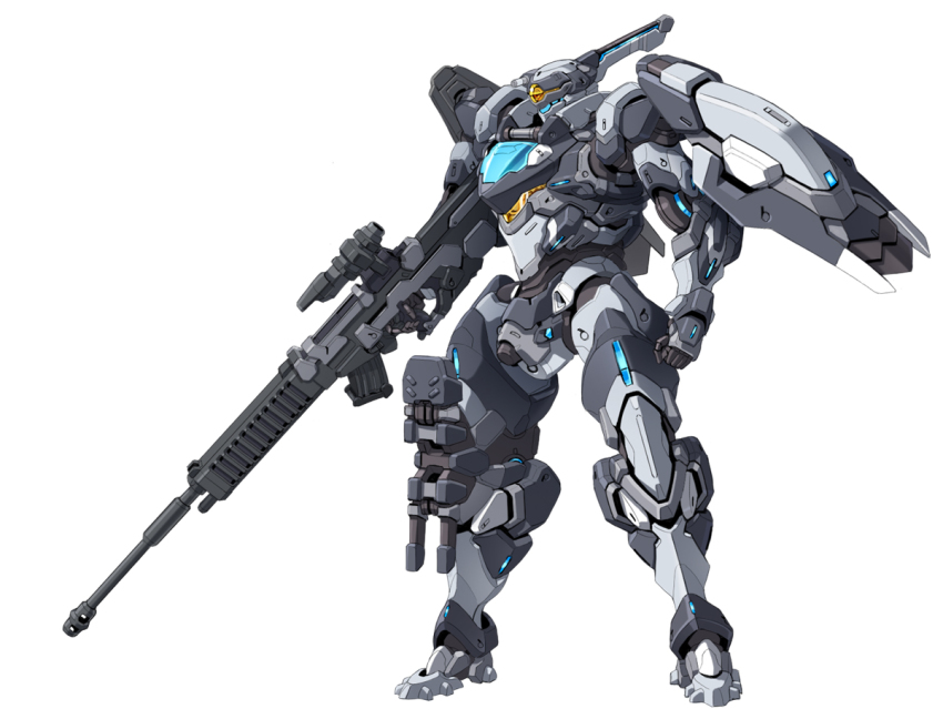 clenched_hand gun holding holding_gun holding_weapon looking_down mecha no_humans original rifle robot solo standing taedu visor weapon white_background