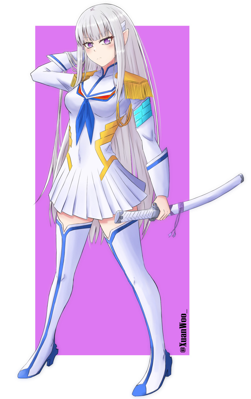 1girl absurdres boots breasts cosplay covered_navel eennee elf emilia_(re:zero) epaulettes gloves hair_ornament highres junketsu kill_la_kill kiryuuin_satsuki_(cosplay) life_fiber living_clothes long_hair looking_at_viewer pointy_ears purple_eyes re:zero_kara_hajimeru_isekai_seikatsu school_uniform skirt solo sword thigh_boots thighhighs weapon white_hair