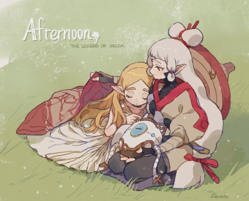 2girls blanket blonde_hair copyright_name dress english_text fingerless_gloves forehead_tattoo gloves grass hair_bun highres hyrule_warriors:_age_of_calamity impa leaning_on_person looking_at_another multiple_girls nintendo pointy_ears princess_zelda rerain seiza sheikah silver_hair single_hair_bun sitting sleeping sleeping_on_person terrako the_legend_of_zelda the_legend_of_zelda:_breath_of_the_wild