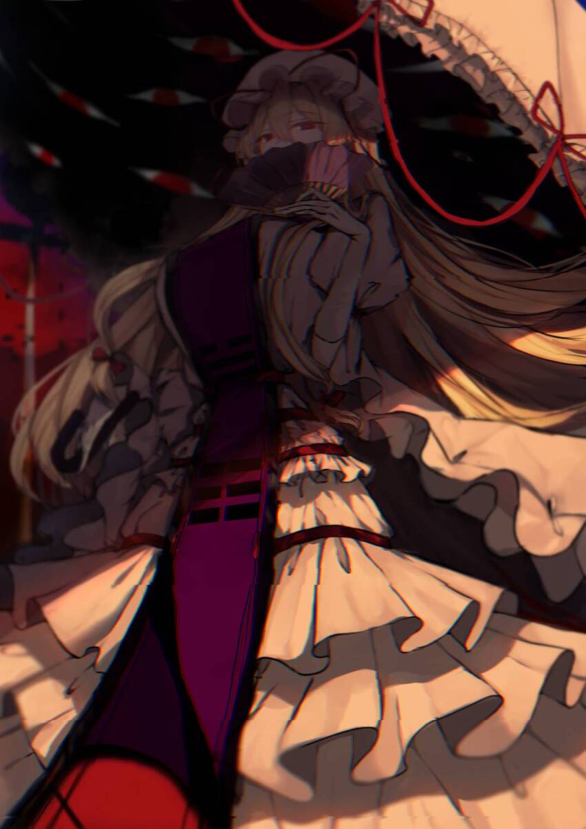 1girl blonde_hair bow breasts covering_own_mouth disembodied_eye dress elbow_gloves frilled_dress frills gloves hand_fan hat hat_ribbon highres holding holding_fan holding_umbrella huge_breasts long_hair looking_at_viewer mob_cap parasol purple_tabard red_bow red_ribbon ribbon shadow solo t03p0iungjj1krn tabard touhou umbrella very_long_hair white_dress white_gloves white_umbrella yakumo_yukari
