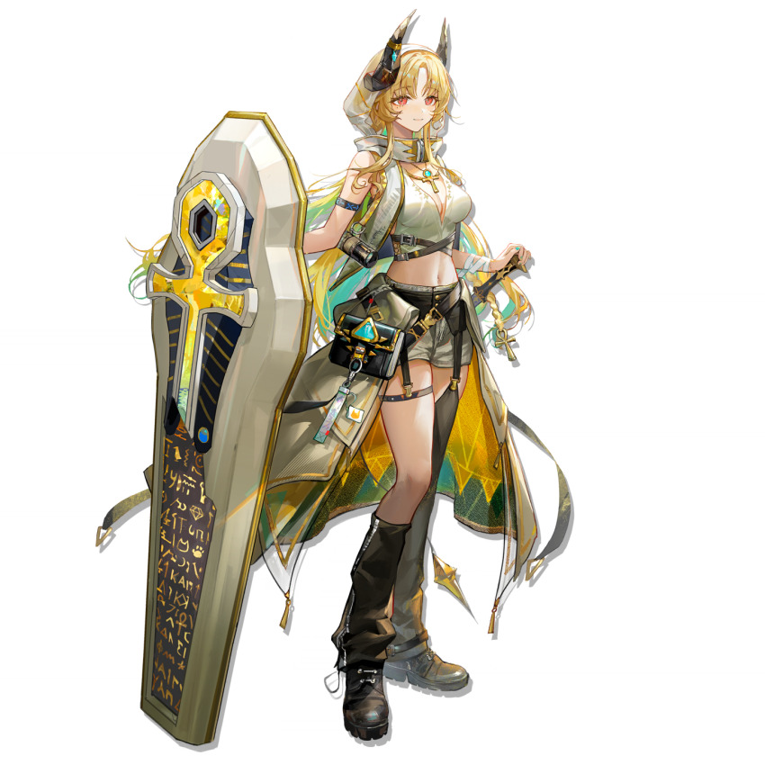 1girl ankh ankh_necklace aqua_gemstone arknights asymmetrical_clothes asymmetrical_legwear bandaged_wrist bandages bare_arms belt black_bag black_belt black_boots blonde_hair boots braid breasts cleavage closed_mouth crop_top cropped_shirt demon_girl demon_horns detached_pants full_body garter_belt gem gold_necklace green_hair green_nails hand_on_hilt hieroglyphics high_belt highres hoirn holding holding_shield hood hooded_vest hoodie horn_ornament horns infection_monitor_(arknights) jewelry khopesh large_breasts light_smile linea_alba long_hair looking_at_viewer loose_bandages multicolored_hair multiple_belts nail_polish navel necklace official_art open_clothes open_vest overskirt philae_(arknights) red_eyes see-through_hood shield shirt shorts sidelocks simple_background single_pantsleg solo spyglass standing thigh_strap third-party_source transparent_background two-tone_hair vest white_hood white_overskirt white_shirt white_shorts white_vest