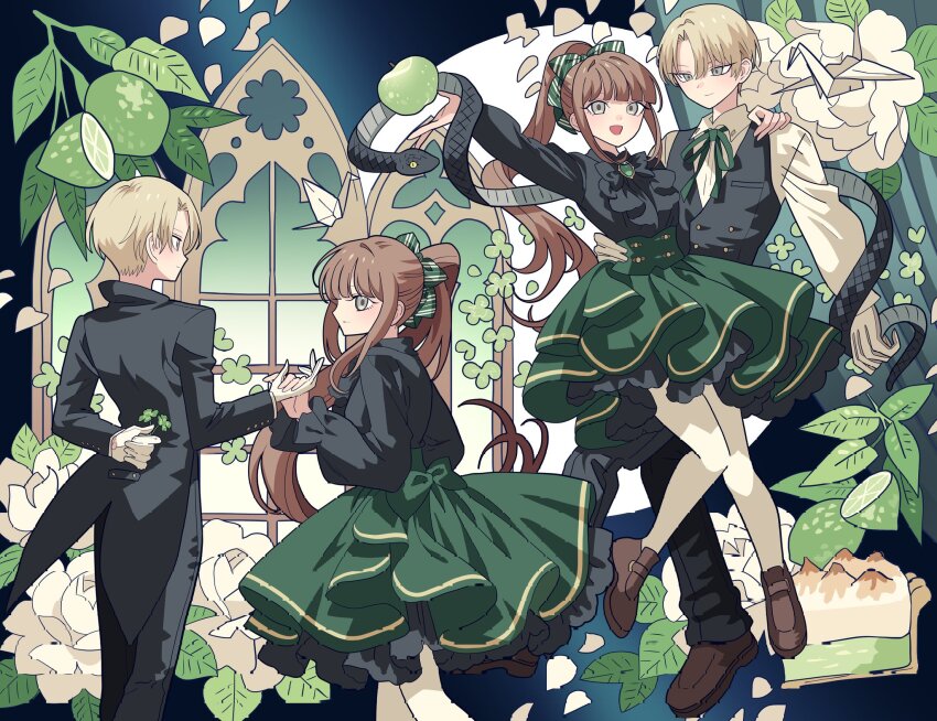 1boy 1girl apple arm_behind_back arm_up black_jacket black_pants black_shirt brown_hair closed_mouth clover commission draco_malfoy food four-leaf_clover fruit full_body green_skirt grey_eyes hand_on_another&#039;s_shoulder hand_on_another&#039;s_waist harry_potter_(series) highres jacket loafers long_hair long_sleeves looking_at_another meremero multiple_views open_mouth original pants pantyhose petals ponytail second-party_source shirt shoes short_hair skirt smile snake standing white_pantyhose window wizarding_world