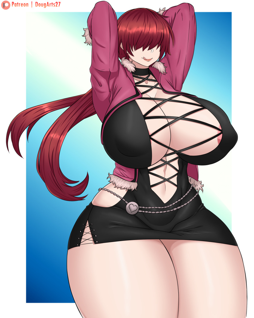 1girl absurdres areola_slip breasts charliess27 cleavage cleavage_cutout clothing_cutout curvy d_ramaarts27 dougarts27 dress female_focus fishnets heart highres huge_breasts licking_lips long_hair nipple_slip nipples no_bra pale_skin ponytail red_hair shermie_(kof) shiny_skin skirt the_king_of_fighters thick_thighs thighs tight_clothes tongue tongue_out wide_hips