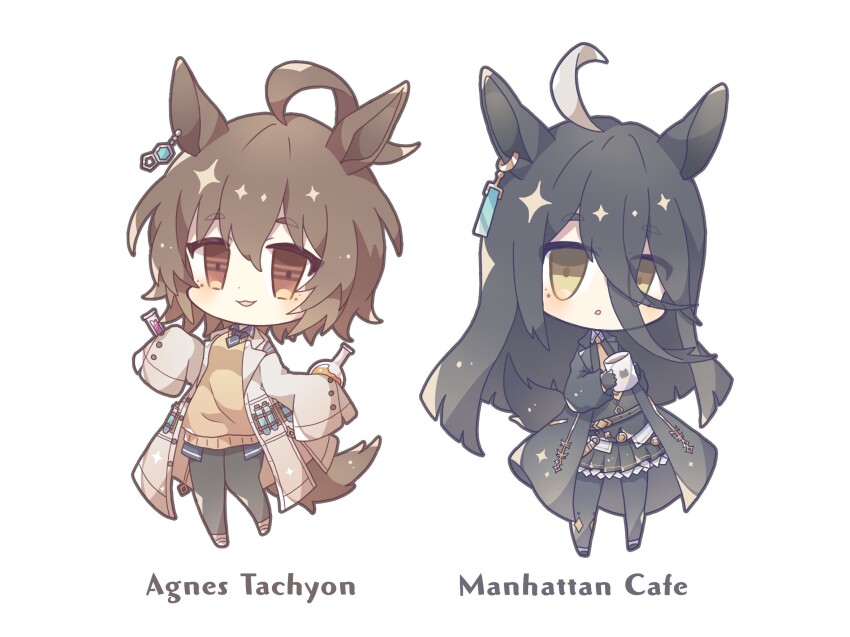 agnes_tachyon_(umamusume) animal_ears brown_eyes brown_hair coat coffee coffee_mug cup earrings flask highres holding holding_test_tube horse_ears horse_girl horse_tail jewelry komano_shia lab_coat long_bangs long_sleeves manhattan_cafe_(umamusume) mug necktie round-bottom_flask single_earring sleeves_past_fingers sleeves_past_wrists sweater tail test_tube umamusume yellow_eyes yellow_necktie yellow_sweater