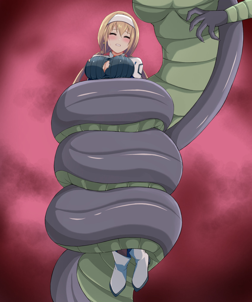 1girl absurdres black_pantyhose blonde_hair breasts capelet closed_eyes commission earrings grey_footwear hairband highres jewelry lamia large_breasts low_twintails mitsuba_greyvalley monster_girl pantyhose peril pixiv_commission ryona strangling super_robot_wars super_robot_wars_30 teeth tokiburo torn_clothes triangle_earrings twintails white_capelet white_hairband