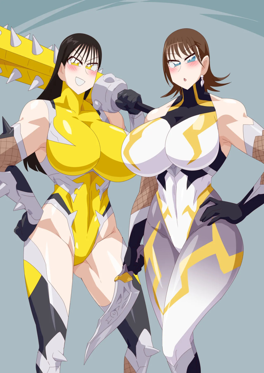 2girls avataro_sentai_donbrothers blue_eyes bodysuit boots brown_hair holding_weapons kito_haruka leotard multiple_girls otokamu pin_up sononi_(donbrothers) super_sentai thigh_boots yellow_eyes
