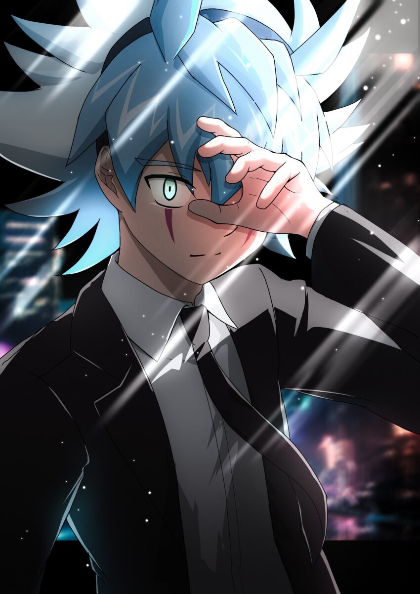 1boy antenna_hair arm_up atltax_00 black_border black_headband black_jacket black_necktie blazer blue_eyes blue_hair blurry blurry_background border building city city_lights cityscape covering_one_eye covering_own_eyes dappled_moonlight dress_shirt facial_mark facing_to_the_side formal_clothes hand_on_own_face hand_up headband highres jacket light_particles light_smile looking_at_viewer male_focus moonlight necktie night night_sky one_eye_covered open_clothes open_jacket outdoors shirt sky skyscraper spiked_hair white_shirt wind yu-gi-oh! yu-gi-oh!_go_rush!! yudias_velgear