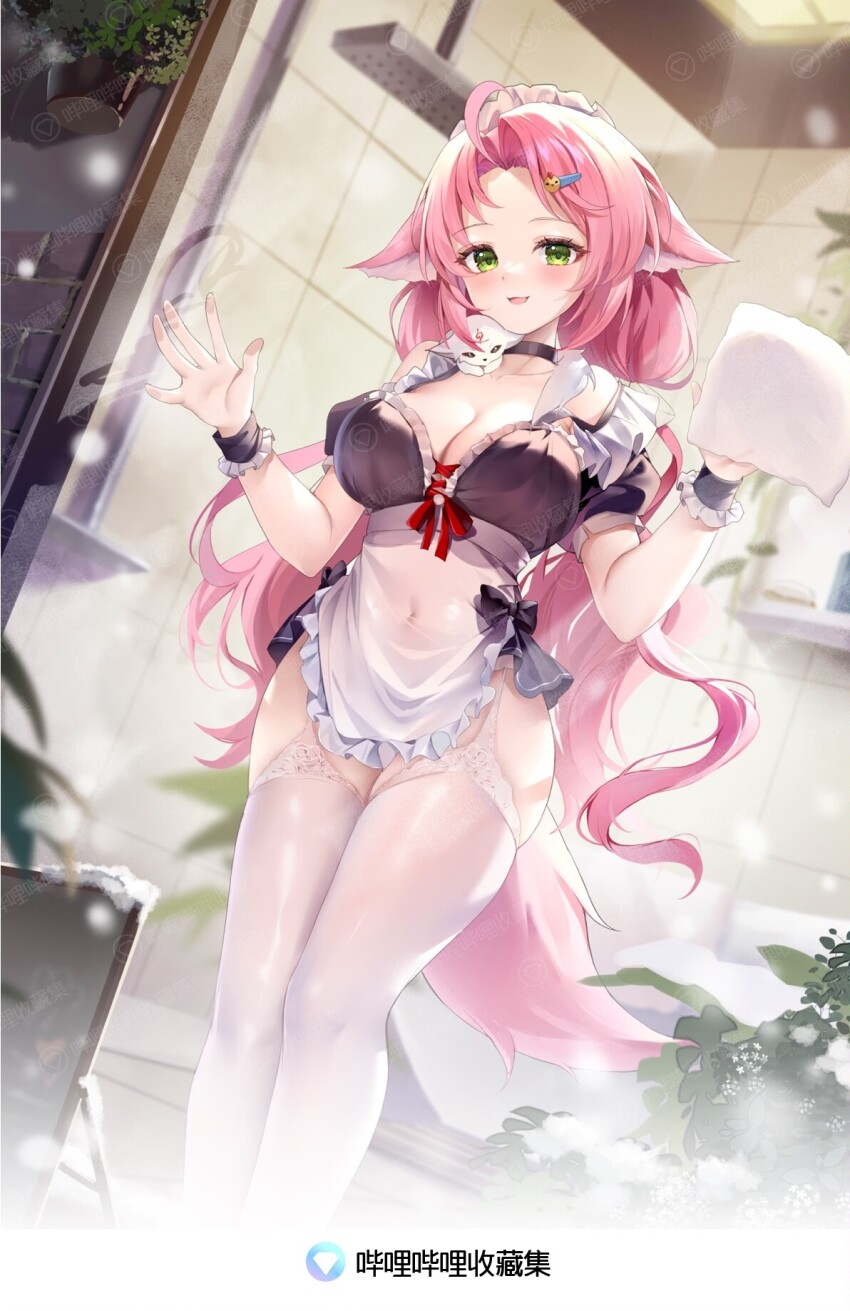 1girl against_glass ahoge animal_ears apron black_bow black_choker black_wrist_cuffs blush bow breasts check_copyright chinese_commentary choker cleavage commentary_request copyright_request covered_navel fox_ears fox_girl fox_tail frilled_wrist_cuffs frills garter_straps green_eyes guzangnanfeng hair_ornament hairclip highres holding indie_virtual_youtuber indoors large_breasts long_hair looking_at_viewer maid open_mouth parted_bangs pink_hair pink_tail plant potted_plant see-through_apron see-through_clothes solo tail thighhighs very_long_hair virtual_youtuber wet wet_clothes white_garter_straps white_thighhighs wrist_cuffs