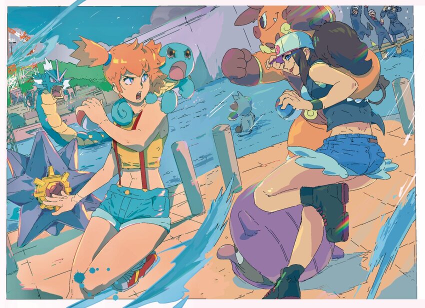 2girls abs asymmetrical_hair bare_arms bare_legs bare_shoulders baseball_cap blue_eyes blush breasts cowboy_shot denim denim_shorts dewott eyelashes female_focus gen_1_pokemon gen_5_pokemon green_eyes gyarados gym_leader hair_between_eyes hair_tie hat hilda_(pokemon) holding holding_poke_ball legs long_hair looking_at_another medium_breasts michel_teru misty_(pokemon) multiple_girls muscular nintendo open_mouth orange_hair pignite poke_ball pokemon pokemon_(anime) pokemon_(classic_anime) pokemon_bw ponytail shellder shirt short_hair short_shorts shorts side_ponytail sideboob sleeveless sleeveless_shirt smile solo squirtle starmie suspenders tank_top thighs water white_hat yellow_shirt yellow_tank_top