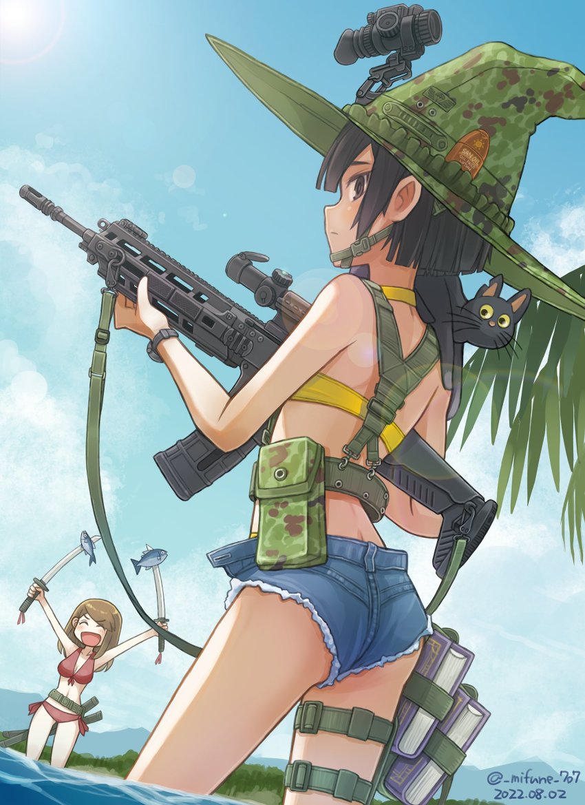 2girls animal animal_on_shoulder ass bikini bikini_under_clothes black_cat black_hair blue_shorts blue_sky blush breasts brown_eyes camouflage camouflage_headwear cat closed_mouth cloud commentary_request copyright_request dated day denim denim_shorts dual_wielding front-tie_bikini_top front-tie_top green_headwear gun hat highres holding holding_gun holding_sword holding_weapon katana medium_breasts mifune_(_mifune_707) multiple_girls outdoors outstretched_arms profile red_bikini rifle short_hair short_shorts shorts side-tie_bikini_bottom sig_mcx sig_sauer sky standing swimsuit sword twitter_username water weapon witch_hat yellow_bikini