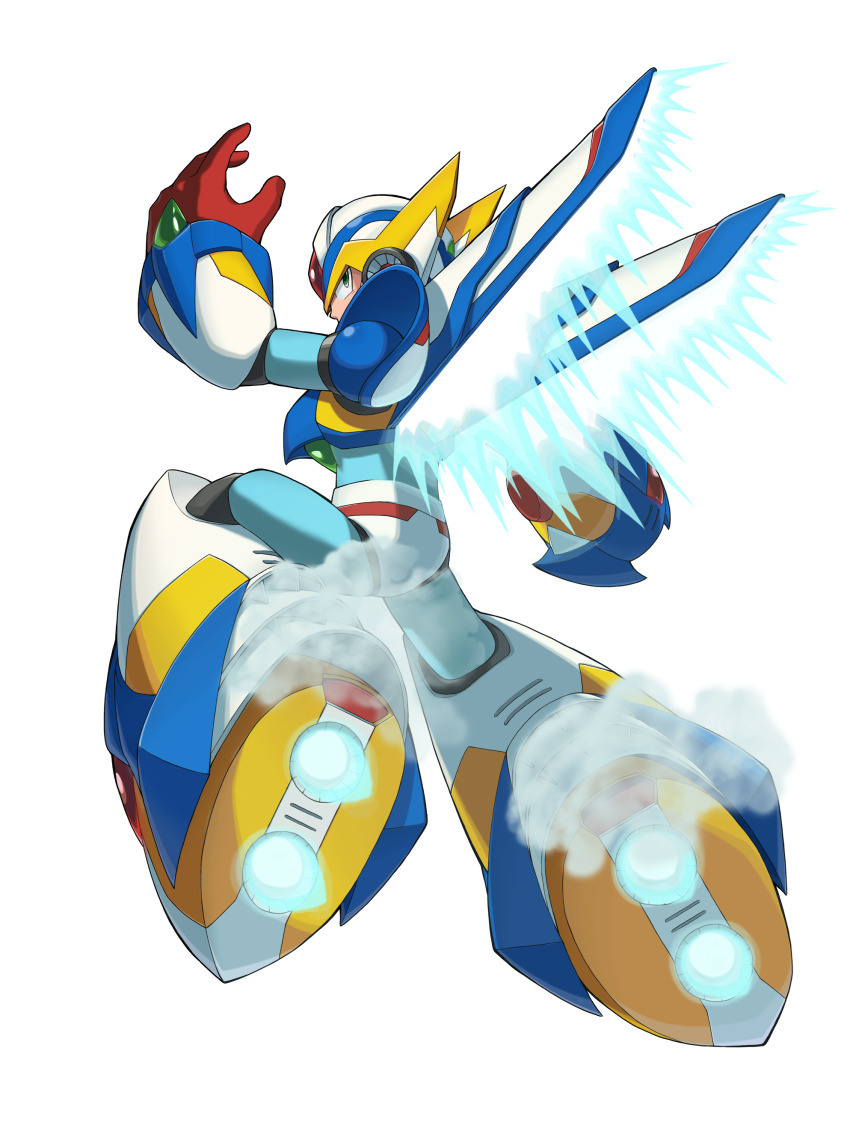 1boy absurdres arm_cannon armor back bodystocking boots codpiece commentary commentary_request english_commentary falcon_armor_x_(mega_man) full_body gauntlets gloves green_eyes helmet highres korean_commentary looking_back male_focus mega_man_(series) mega_man_x5 mega_man_x_(series) mixed-language_commentary official_alternate_costume samatsida simple_background solo thrusters weapon white_armor wind wings x_(mega_man)