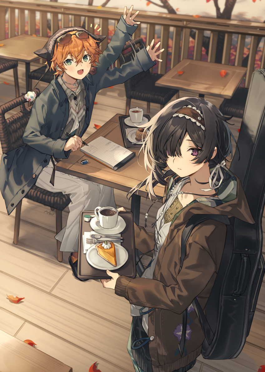 1boy 1girl absurdres afterimage androgynous artist_request autumn autumn_leaves borrowed_character brown_coat chair coat commission crossed_bangs cup day eyewear_on_head fang food fork green_eyes grey_coat grey_shirt guitar_case hair_between_eyes hair_over_one_eye hair_ribbon highres holding holding_pen holding_tray hood hood_down hooded_coat instrument_case jewelry layered_clothes leaf long_sleeves looking_at_viewer looking_to_the_side motion_lines necklace on_chair open_clothes open_coat open_mouth orange_hair original outdoors pants parted_lips pen pie pom_pom_hat_ornament pumpkin_pie purple_eyes railing ribbon second-party_source shirt short_hair single_sidelock sitting spoon standing sunglasses table tray two-handed waving white_pants white_ribbon wicker_furniture wooden_floor wooden_railing wooden_table